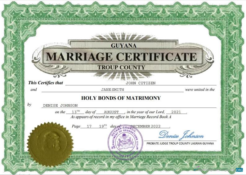 Download Guyana marriage certificate Word and PDF Photoshop template